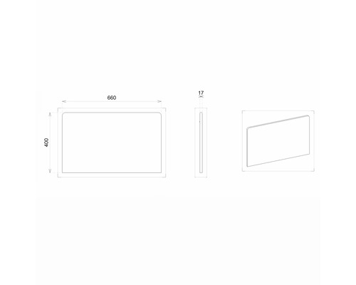 Technický nákres zrkadla s rozmermi 660 x 400 x 17 milimetrov