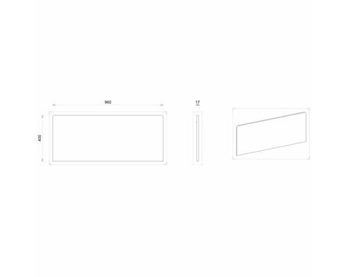 Technický nákres obdĺžnikového zrkadla s rozmermi 960 x 400 x 17 milimetrov