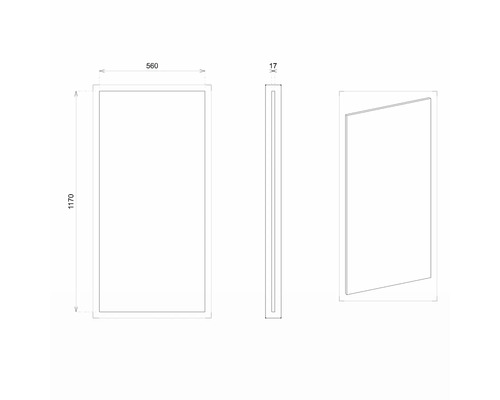 Technický nákres zrkadla s rozmermi 1170 x 560 x 17 milimetrov.