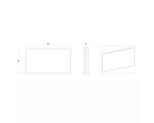 Technický nákres zrkadla s rozmermi 560 x 300 x 17 mm.