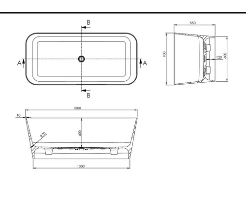 Technický nákres vane s rozmermi