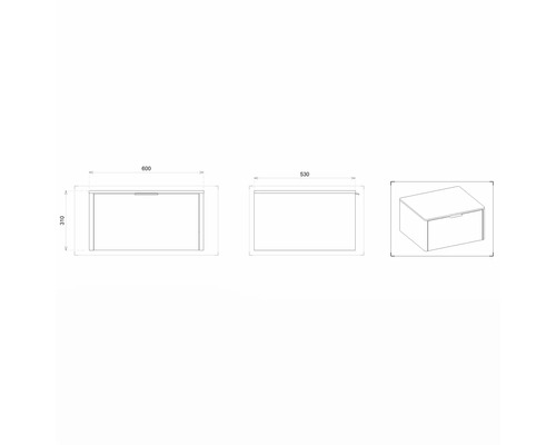 Technický výkres nábytku s rozmermi.