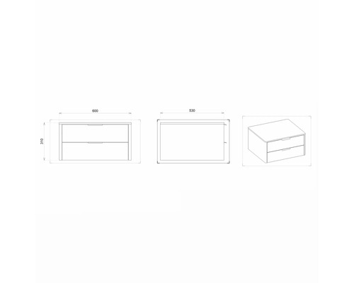 Nákres skrinky pod umývadlo s dvomi zásuvkami a rozmermi