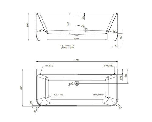 Technický nákres vane s rozmermi
