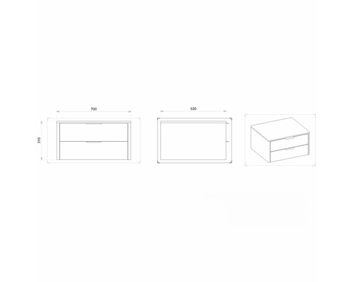 Technický nákres skrinky pod umývadlo s dvomi zásuvkami a rozmermi.