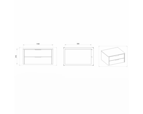 Nákres skrinky pod umývadlo s rozmermi 1100 x 530 x 310 mm