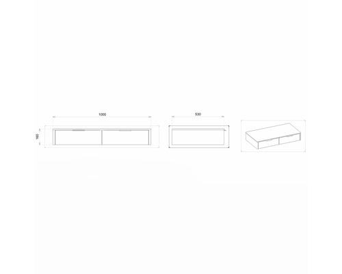 Technický nákres skrinky pod umývadlo s dvoma zásuvkami a rozmermi