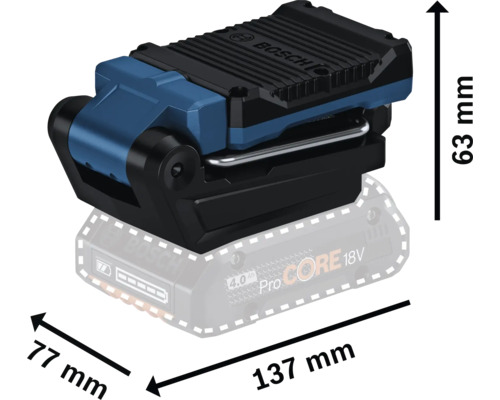 Akumulátorový stavebný reflektor Bosch s rozmermi