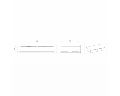 Technický nákres spodnej skrinky so zásuvkami, rozmery 1200 x 530 x 160 milimetrov.