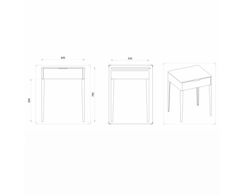 Technický nákres stola so zásuvkou a rozmermi