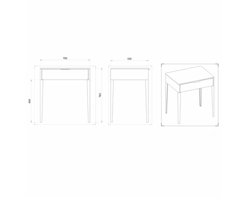 Technický nákres stola so zásuvkou a rozmermi.