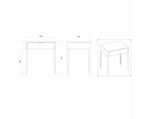 Technický nákres nočného stolíka so zásuvkou a rozmermi