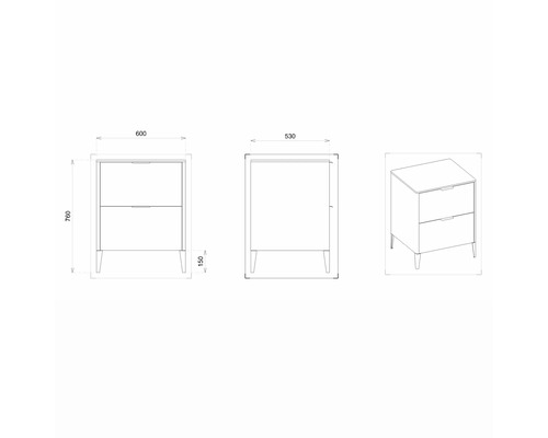 Nákres skrinky pod umývadlo s rozmermi 600 x 530 x 760 mm