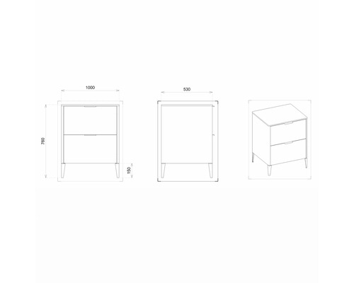 Technický nákres skrinky pod umývadlo do kúpeľne s dvomi zásuvkami a rozmermi.