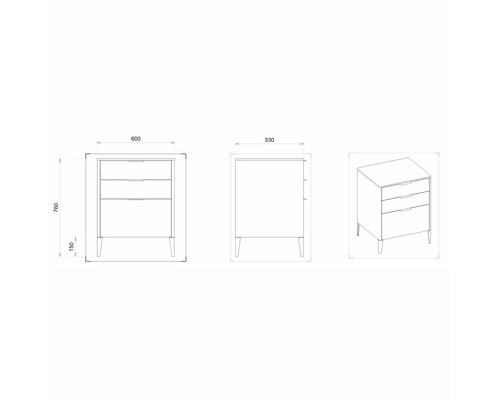 Nákres skrinky pod umývadlo s tromi zásuvkami a rozmermi