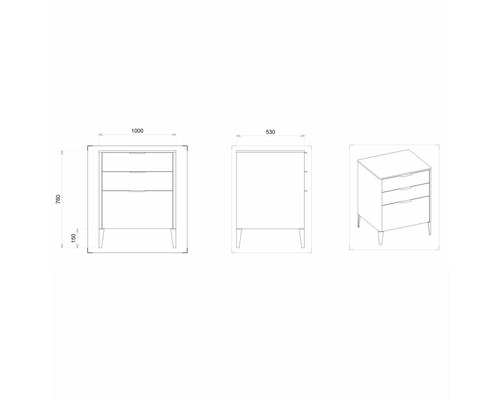 Technický nákres komody s tromi zásuvkami a rozmermi.