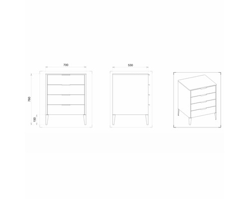 Výkres komody so zásuvkami a rozmermi