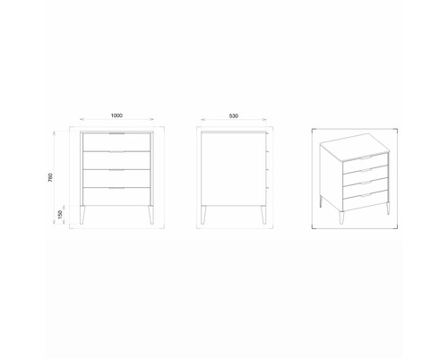 Technický nákres komody so štyrmi zásuvkami a rozmermi