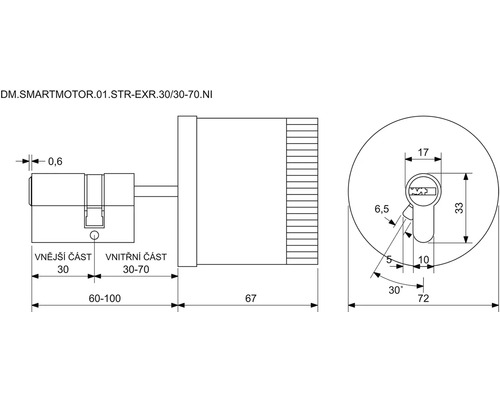 Technický nákres zámkovej vložky s rozmermi