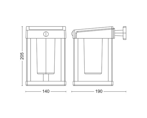 Technický nákres hygienickej nádoby s rozmermi 205 x 140 x 190 milimetrov.