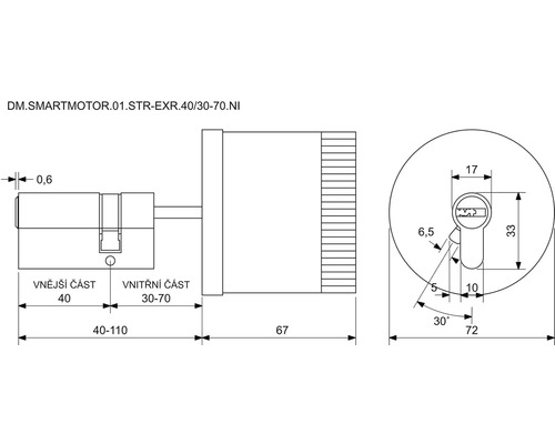 Technický nákres vložky zámku s rozmermi