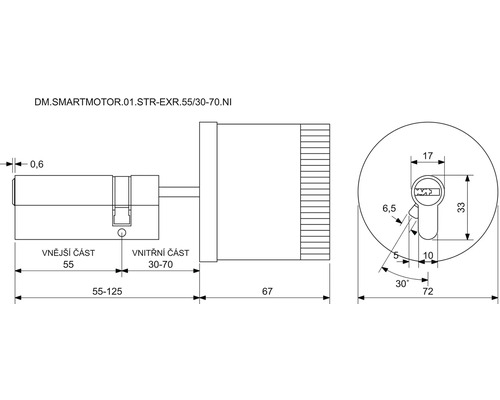 Technický nákres cylindrickej vložky zámku dverí s rozmermi