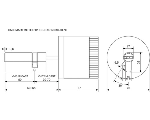 Technický nákres pohonu zámku dverí s rozmermi