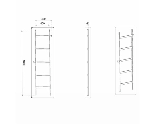 Technický výkres regálu s rozmermi 1800 x 450 x 40 milimetrov.