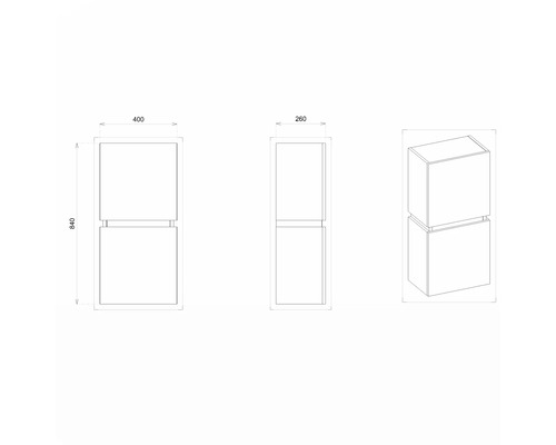 Technický nákres vysokej kúpeľňovej skrinky s rozmermi