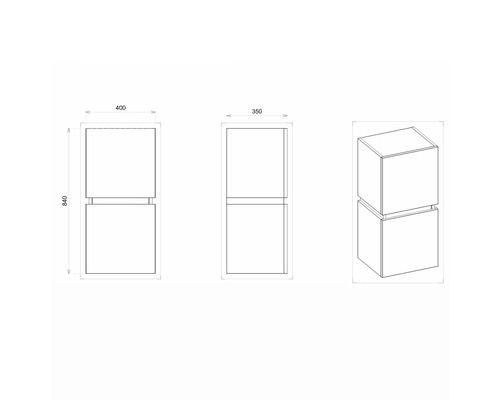 Technický nákres kúpeľňovej skrinky s rozmermi 400 x 350 x 840 mm.
