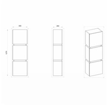Technický nákres regálu s tromi štvorcovými priehradkami, rozmery: 1270 mm výška, 400 mm šírka, 260 mm hĺbka.