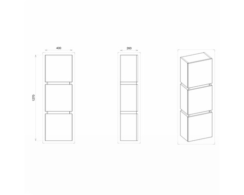 Technický nákres regálu s tromi štvorcovými priehradkami, rozmery: 1270 mm výška, 400 mm šírka, 260 mm hĺbka.