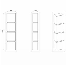 Produktový nákres regálovej skrine so štyrmi priehradkami, rozmery: výška 1700 mm, šírka 400 mm, hĺbka 260 mm.