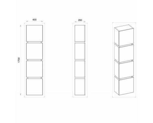 Produktový nákres regálovej skrine so štyrmi priehradkami, rozmery: výška 1700 mm, šírka 400 mm, hĺbka 260 mm.