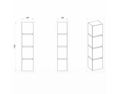 Technický nákres regálu so štyrmi štvorcovými priehradkami a rozmermi.