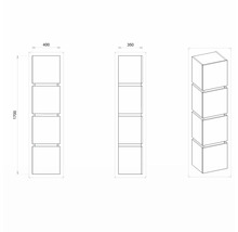 Technický nákres regálu so štyrmi priehradkami, rozmery: 400 x 350 x 1700 mm