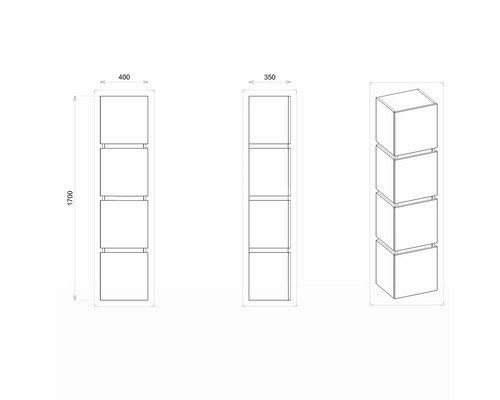 Technický nákres regálu so štyrmi priehradkami, rozmery: výška 1700 mm, šírka 400 mm, hĺbka 350 mm