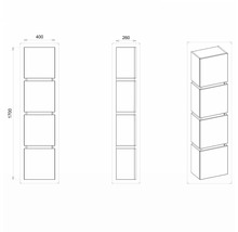 Technický nákres regálu so štyrmi priehradkami, rozmery 400 x 260 x 1700 mm