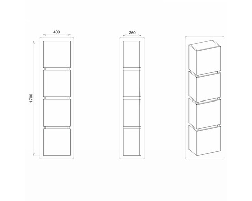 Technický nákres regálu so štyrmi priehradkami, rozmery 400 x 260 x 1700 mm