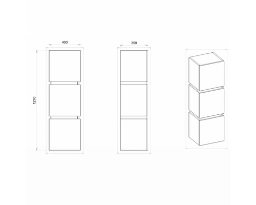Technický nákres regálu s tromi priehradkami, rozmery 400 x 350 x 1270 milimetrov