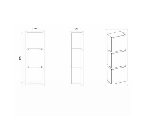 Technický nákres regálu s tromi priehradkami a rozmermi