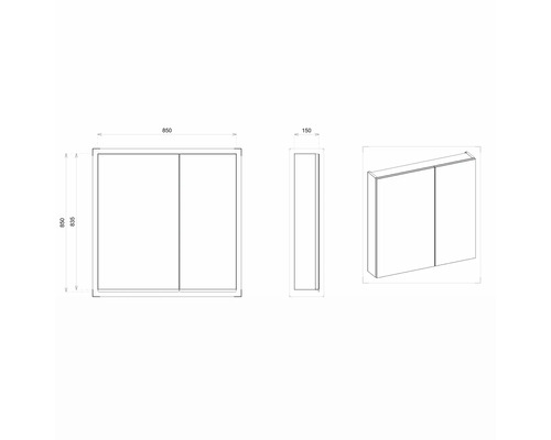 Technický nákres zrkadlovej skrinky s rozmermi 850 x 835 x 150 milimetrov