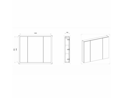 Technický nákres zrkadlovej skrinky s tromi dvierkami a rozmermi