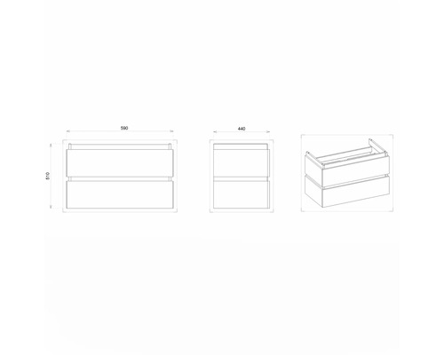 Technický nákres skrinky pod umývadlo s dvomi zásuvkami a rozmermi