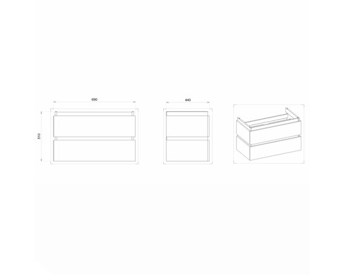 Technický nákres skrinky pod umývadlo s dvomi zásuvkami a rozmermi
