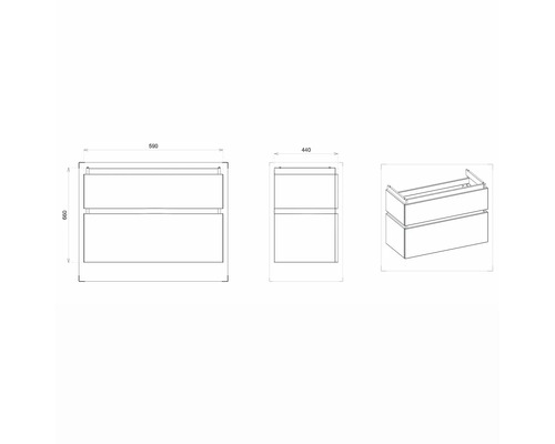 Nákres skrinky pod umývadlo s rozmermi.