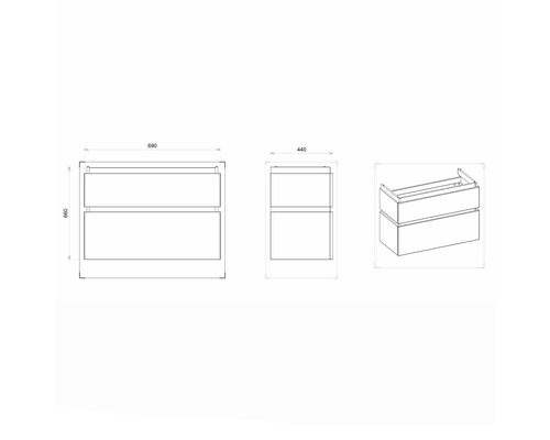 Nákres skrinky pod umývadlo s rozmermi