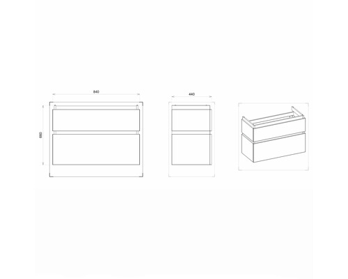 Technický nákres skrinky pod umývadlo s rozmermi