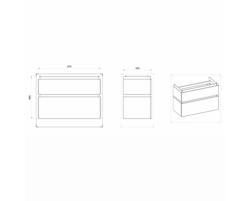 Technický nákres skrinky pod umývadlo s dvomi zásuvkami a rozmermi šírka 970 mm, výška 600 mm a hĺbka 440 mm.