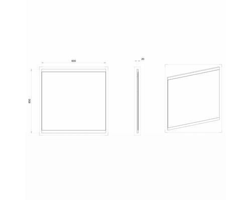 Technický nákres zrkadla s rozmermi 600 x 850 mm